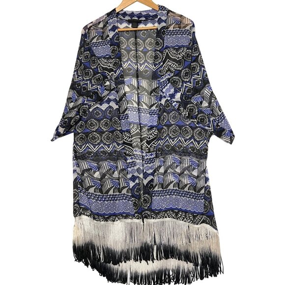Steve Madden OSFM Lightweight Open Geometric Pattern Fringe Kimono Long - Picture 1 of 16